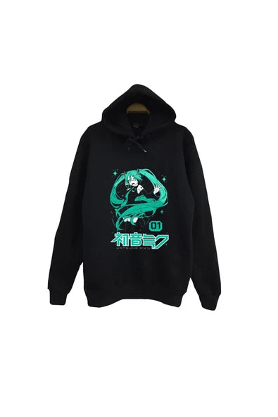 fame-stoned Hatsune Miku Anime Baskılı Unisex %100 Pamuk Siyah Kapüşonlu Sweatshirt