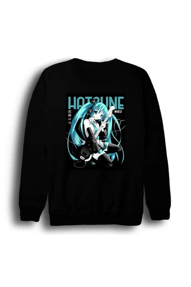 fame-stoned Hatsune Miku Anime Baskılı Unisex %100 Pamuk Siyah Kapüşonlu Bisiklet Yaka Sweatshirt