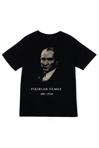 fame-stoned  Gazi Mustafa Kemal Atatürk Baskılı Unisex %100 Pamuk Siyah T-shirt