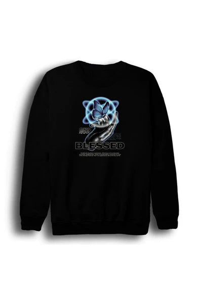 fame-stoned Gül Baskılı Unisex %100 Pamuk Siyah Bisiklet Yaka Sweatshirt
