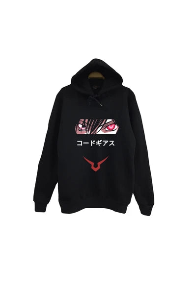 fame-stoned Lelouch Lamperouge - Code Geass - Anime Baskılı Unisex %100 Pamuk Siyah Kapüşonlu Sweatshirt