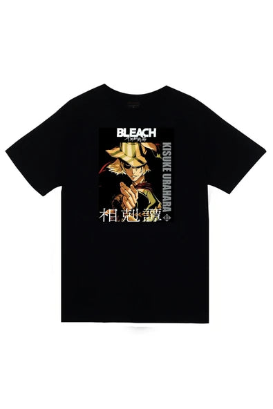 fame-stoned  Bleach Kisuke Urahara Anime Baskılı Unisex %100 Pamuk Siyah T-shirt