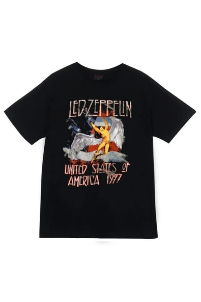 fame-stoned Led Zeppelin Baskılı Unisex %100 Pamuk Siyah T-shirt