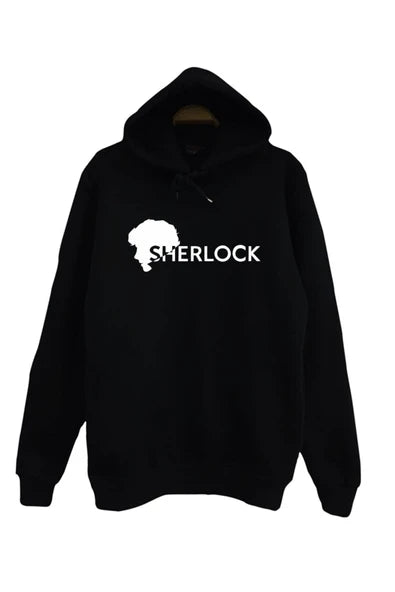 Sherlock Holmes Dizisi silüet portresi baskılı siyah kapüşonlu sweatshirt
