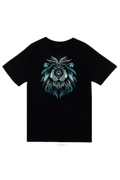 fame-stoned  Aslan Baskılı Unisex %100 Pamuk Siyah T-shirt