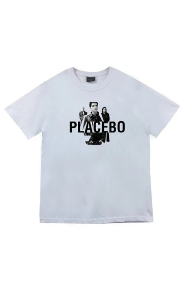 fame-stoned Placebo Baskılı Unisex %100 Pamuk Beyaz T-shirt