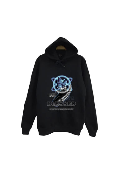 Gül Mavi neon halka baskılı siyah kapüşonlu sweatshirt