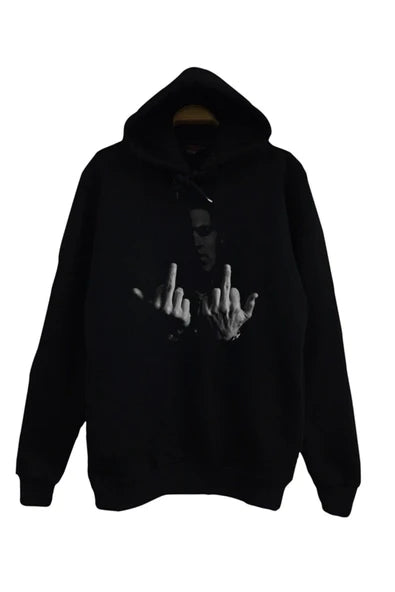 Nf Karanlik erkek portresi baskılı siyah kapüşonlu sweatshirt