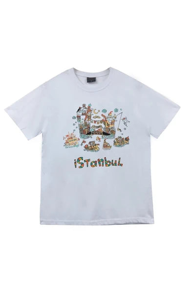 fame-stoned  İstanbul Baskılı Unisex %100 Pamuk Beyaz T-shirt