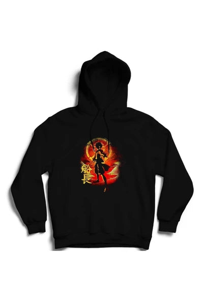 One Piece Anime Ateş çemberi içinde kılıçlı baskılı siyah kapüşonlu sweatshirt