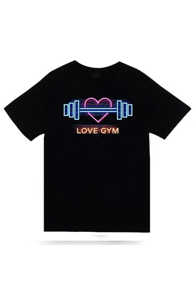 Gym, Fitness, Vucüt Geliştirme, Body Building, Love Gym Neon baskılı siyah tişört