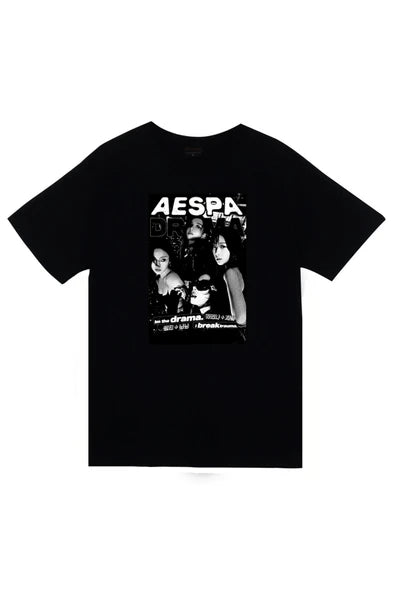 fame-stoned  Aespa Müzik Grubu K-Pop Baskılı Unisex %100 Pamuk Siyah T-shirt