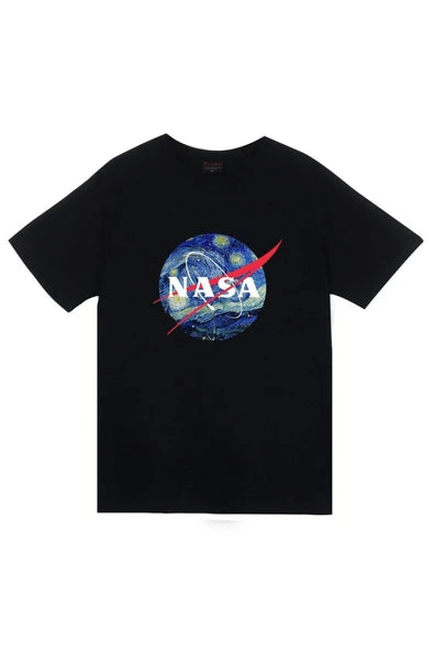 fame-stoned  Unisex Siyah Nasa Baskılı Kısa Kol T-shirt