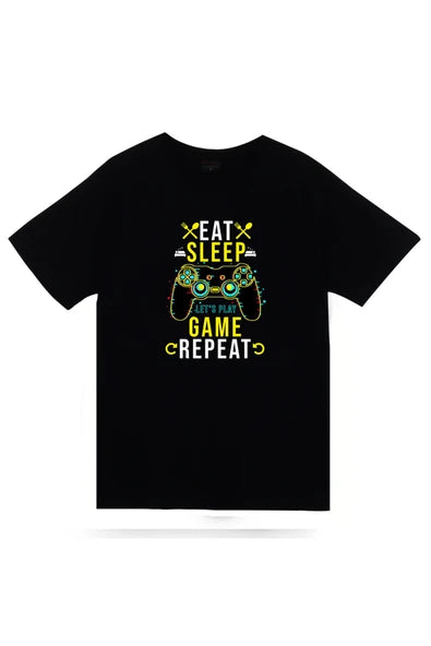fame-stoned  Eat, Sleep, Game, Repeat Oyun Kolu Baskılı Unisex %100 Pamuk T-shirt