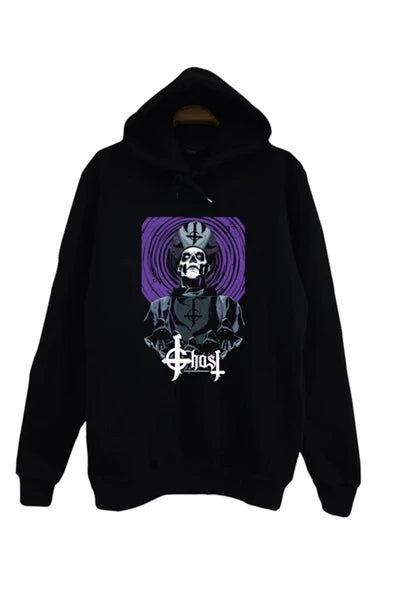 Ghost Papa Emeritus mor fonlu baskılı siyah kapüşonlu sweatshirt