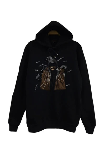 Nf Kahverengi paltolu kapüşonlu çizgi baskılı siyah kapüşonlu sweatshirt