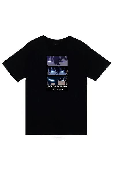 fame-stoned  Solo Leveling Anime Baskılı Unisex %100 Pamuk Siyah T-shirt