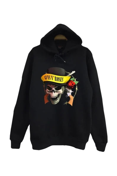 Guns N Roses Silindir sapkali kurukafa baskılı siyah kapüşonlu sweatshirt