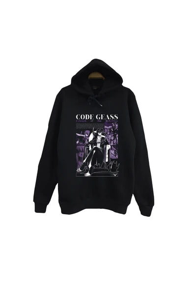 Lelouch Lamperouge Mor tonlu poster baskılı siyah kapüşonlu sweatshirt