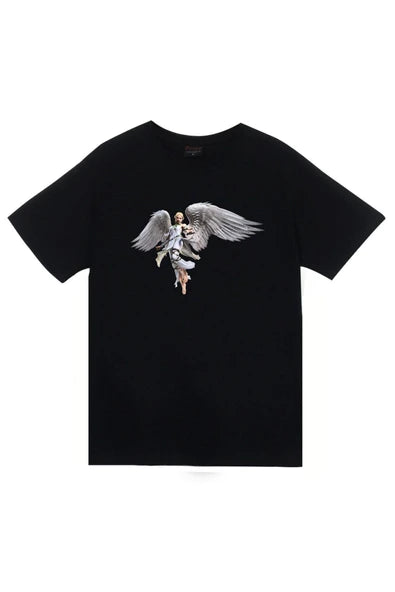 fame-stoned  Unisex Siyah Melek Baskılı T-shirt