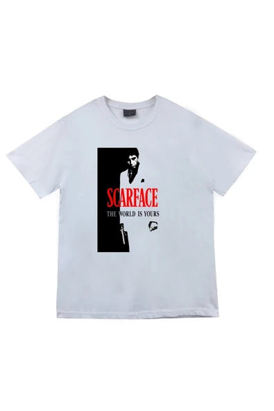 fame-stoned  Scarface Tony Montana Baskılı Unisex %100 Pamuk Beyaz T-shirt
