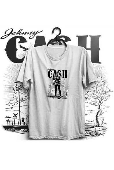 fame-stoned  Johnny Cash Baskılı Unisex %100 Pamuk Beyaz T-shirt