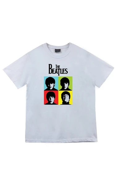 The Beatles Pop-art dört renkli portre baskılı beyaz tişört