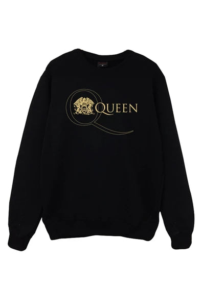 Queen Altın Q logosu baskılı siyah sweatshirt