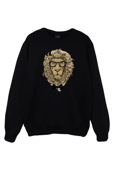 Aslan Gözlüklü baskılı siyah sweatshirt