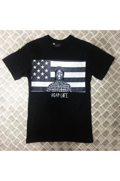 fame-stoned  Asap Rocky Baskılı Unisex %100 Pamuk Siyah T-shirt