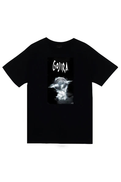 Gojira Müzik Grubu Logosu ve beyaz keçi/hayvan baskılı siyah tişört