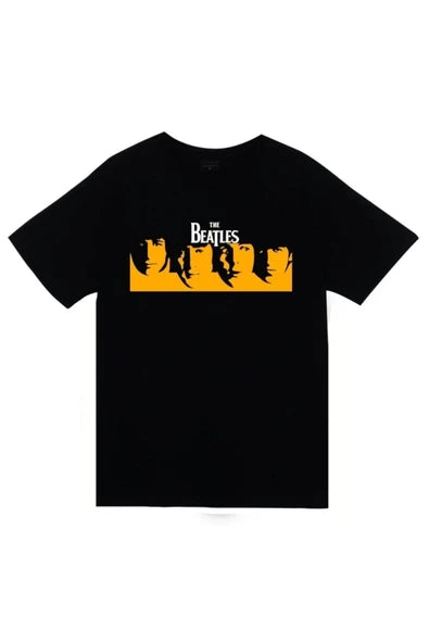 The Beatles Abbey Road siluetleri sarı baskılı siyah tişört