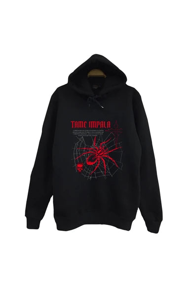 Tame Impala Müzik Grubu Kırmızı örümcek ve ağ baskılı siyah kapüşonlu sweatshirt