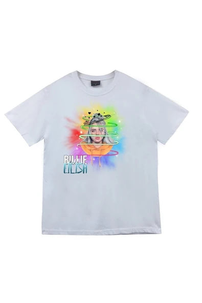 fame-stoned  Billie Eilish Baskılı Unisex %100 Pamuk Beyaz T-shirt
