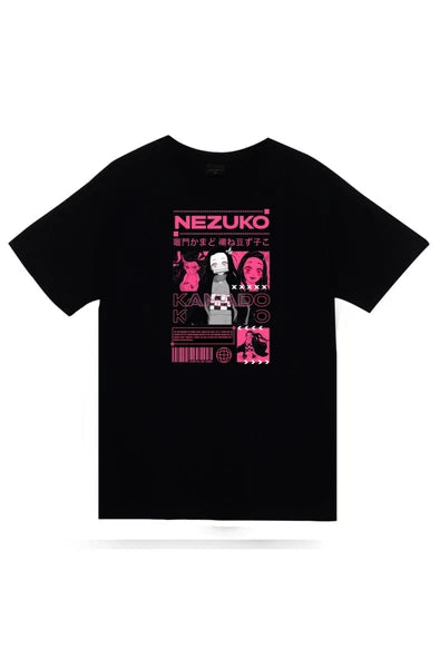fame-stoned  Demon Slayer Nezuko Kamado Anime Baskılı Unisex Siyah %100 Pamuk T-shirt