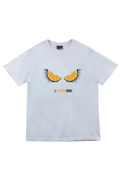 Unisex Beyaz Otomatik Portakal baskılı beyaz tişört