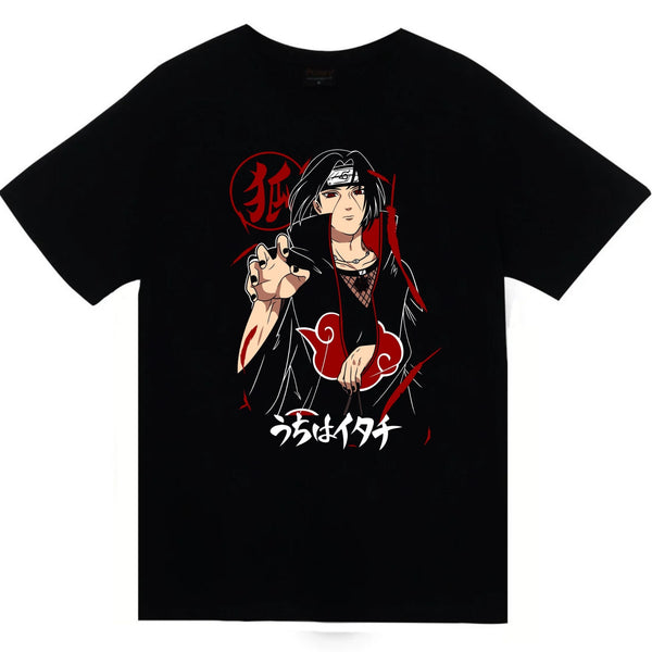 Naruto - Itachi Uchiha ve genç baskılı siyah tişört