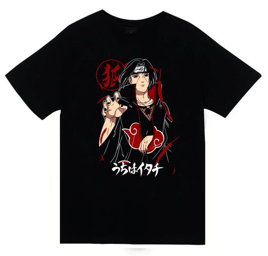 Naruto - Itachi Uchiha - Anime Baskılı Unisex %100 Pamuk Siyah T-shirt