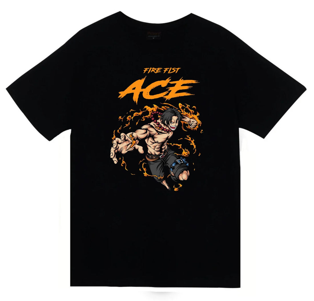 One Piece - Portgas D. Ace Fire Fist alevli baskılı siyah tişört