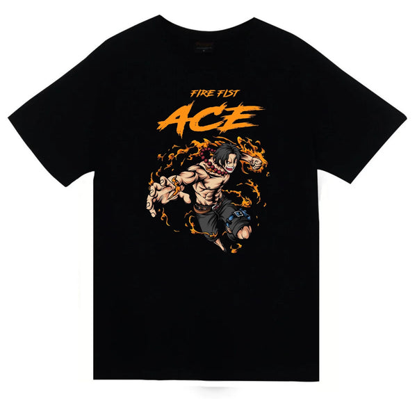 One Piece - Portgas D. Ace Fire Fist alevli baskılı siyah tişört