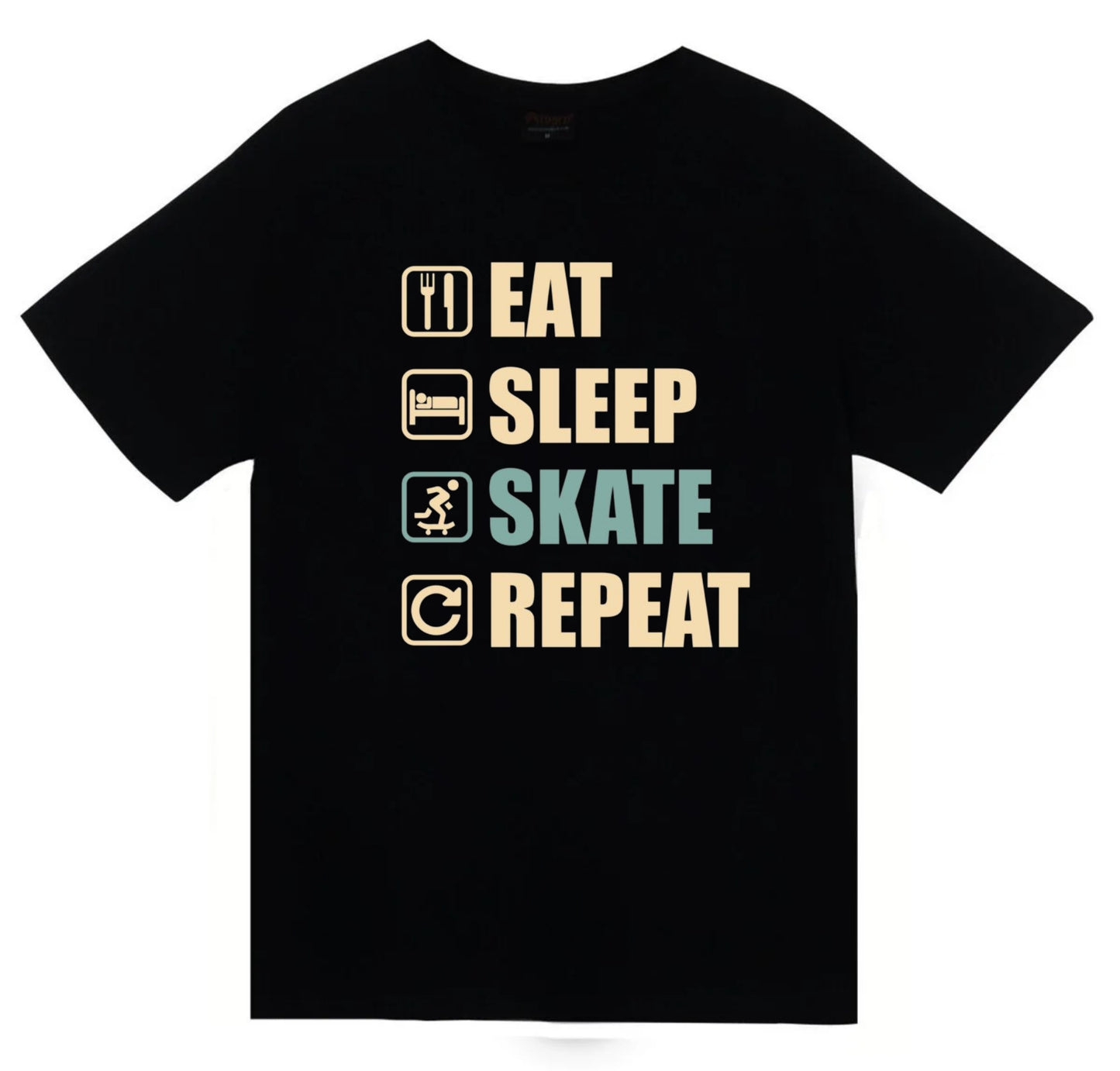 Eat Sleep Skate Repeat - Kaykay Baskılı Unisex %100 Pamuk Siyah T-shirt