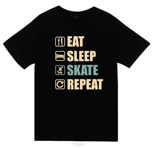 Eat Sleep Skate Repeat - Kaykay Baskılı Unisex %100 Pamuk Siyah T-shirt