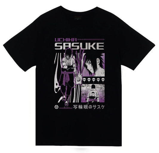 Naruto - Sasuke Uchiha - Anime Baskılı Unisex %100 Pamuk Siyah T-shirt