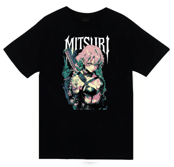 Demon Slayer - Mitsuri Kanroji metal poster baskılı siyah tişört