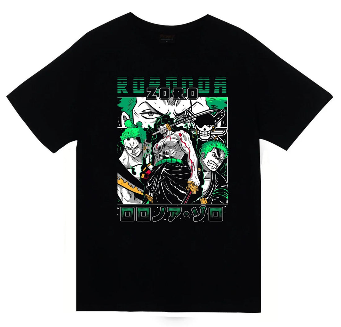One Piece - Ronoa Zoro Roronoa yeşil kolaj baskılı siyah tişört
