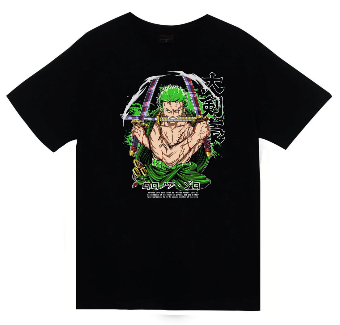 One Piece - Ronoa Zoro Roronoa üç kılıçlı baskılı siyah tişört