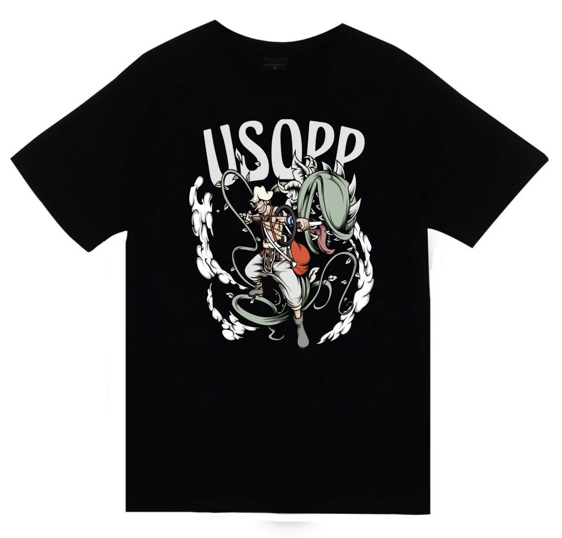One Piece - Usopp sapanlı illüstrasyon baskılı siyah tişört
