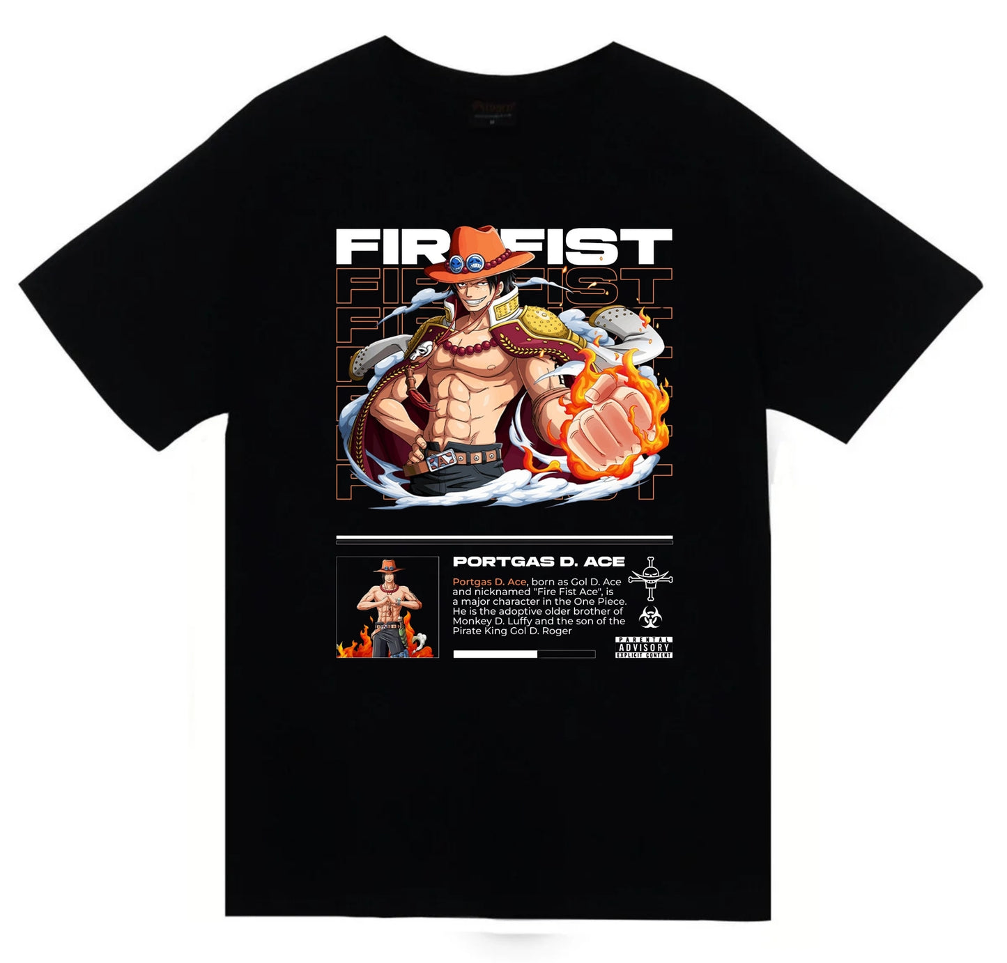 One Piece - Portgas D. Ace - Anime Baskılı Unisex %100 Pamuk Siyah T-shirt