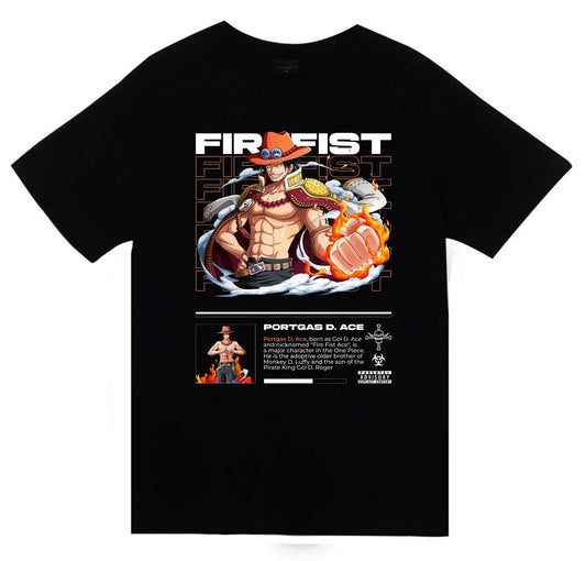 One Piece - Portgas D. Ace - Anime Baskılı Unisex %100 Pamuk Siyah T-shirt