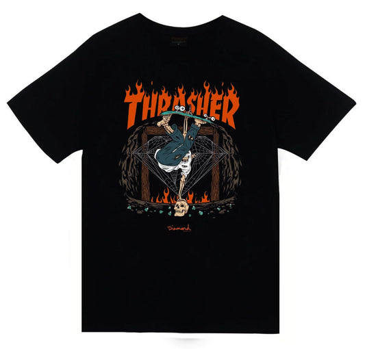 Thrasher - Kaykay Baskılı Unisex %100 Pamuk Siyah T-shirt